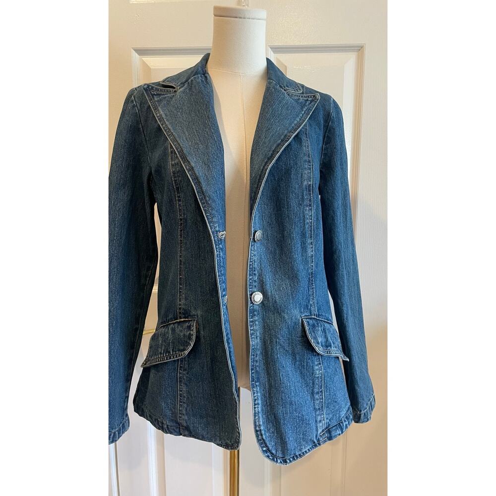 VTG Faded Glory 90s Y2K Denim Fitted Blazer Jacket Curved Flap Pockets Sz M - Picture 10 of 12